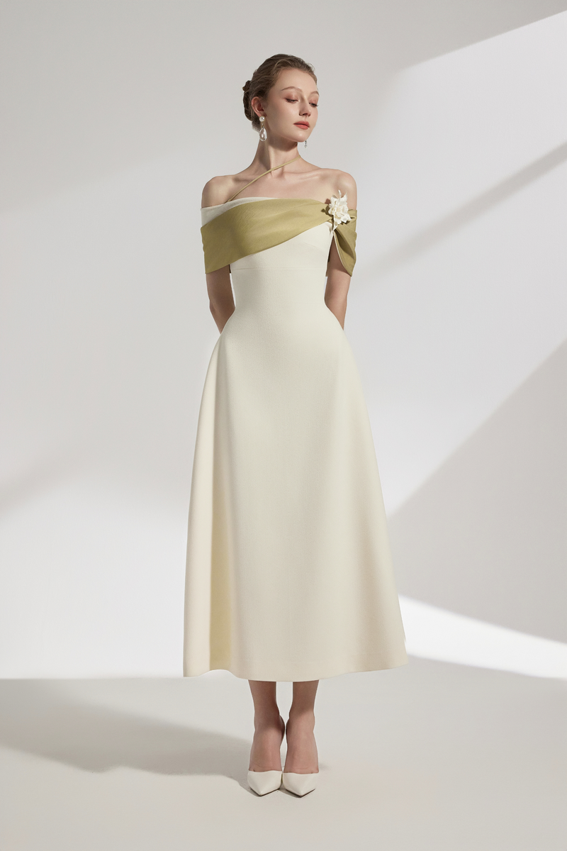 【プリント2枚付き、サイン入り】Vincent Delbrouck Sylva Two-tone Draping Off-shoulder Midi Dress – DeNio