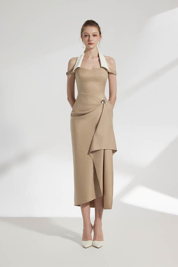 Elix Draped Midi Dress With Collar