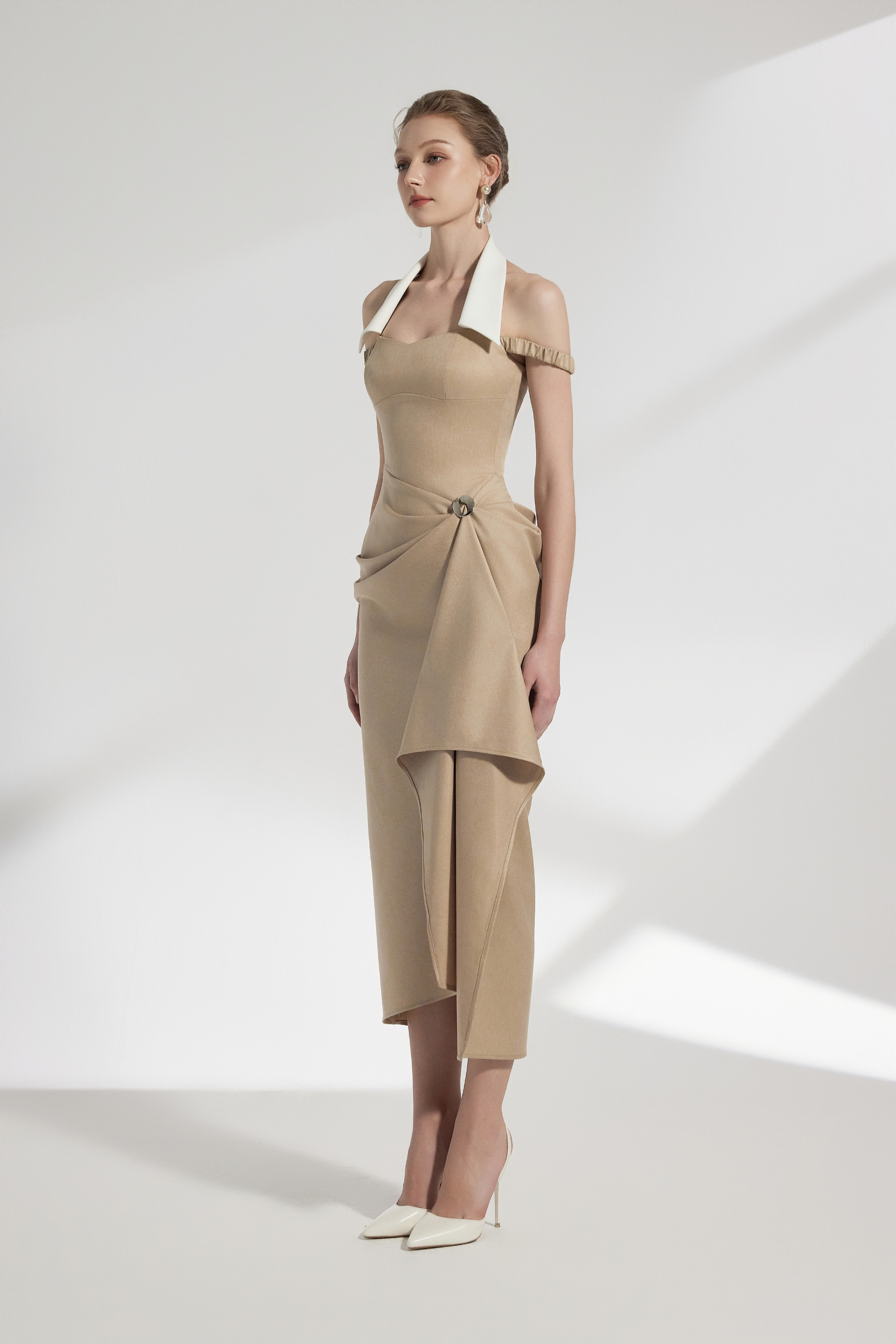 Elix Draped Midi Dress With Collar