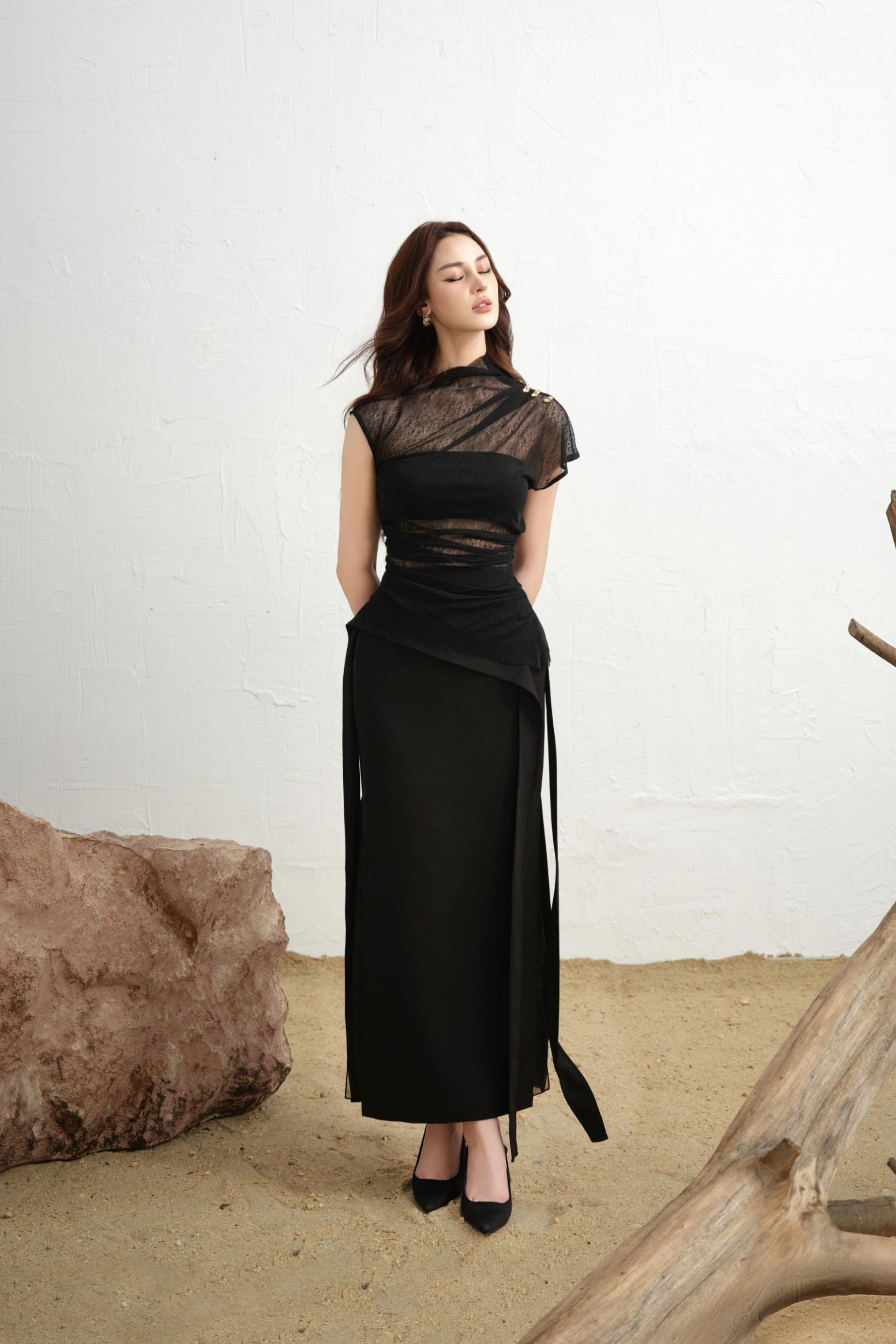 Orla Straight Midi Skirt With Silk Crinkled Chiffon