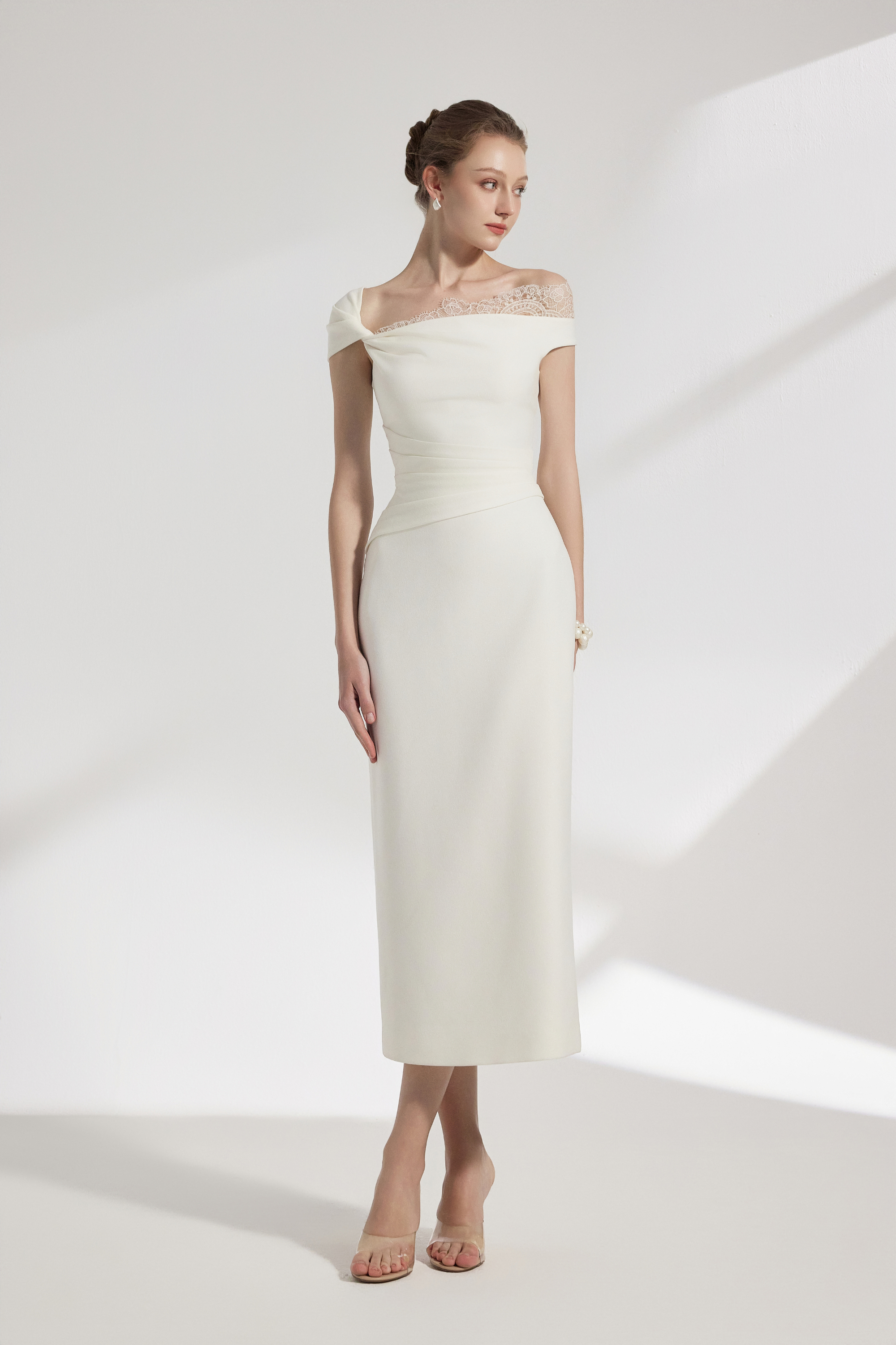 Elysian One-shoulder Midi Dress With Lace Detail