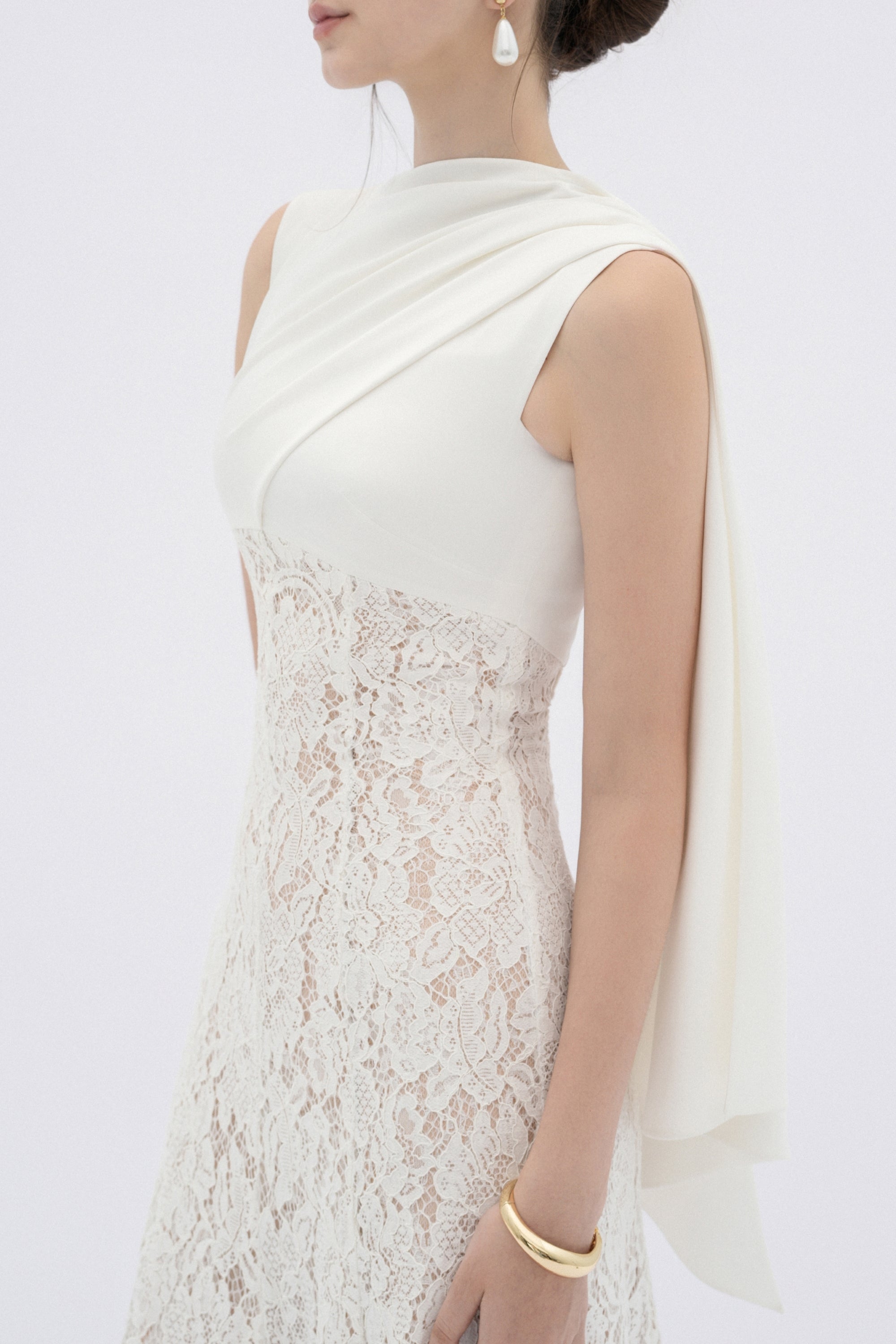 Velin Draped Lace Midi Dress