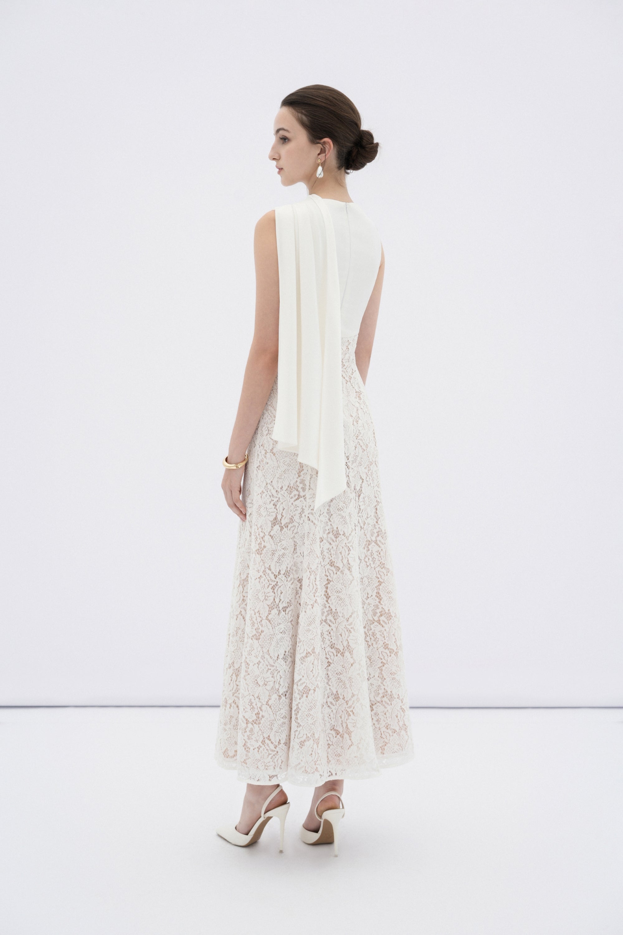 Velin Draped Lace Midi Dress