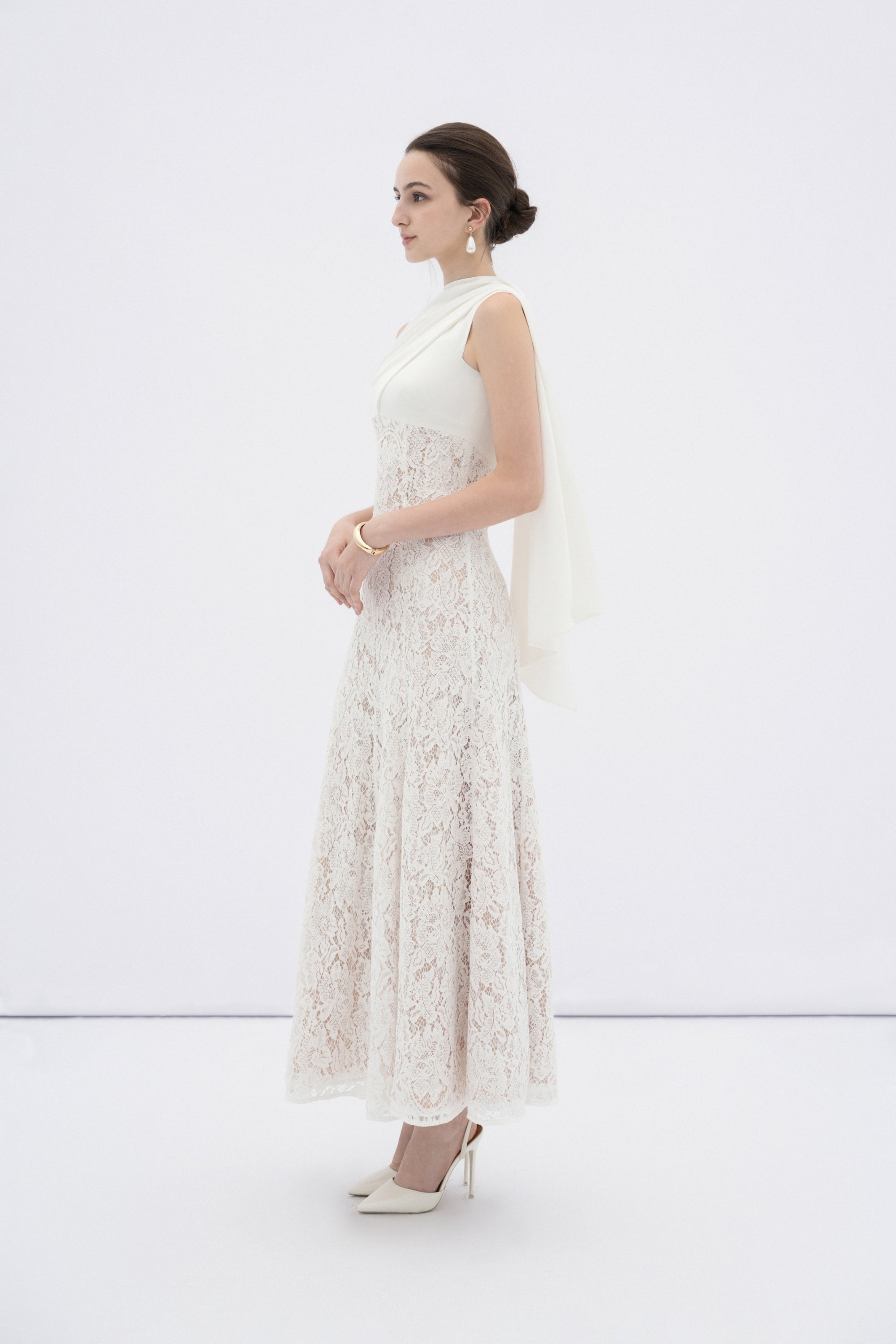 Velin Draped Lace Midi Dress