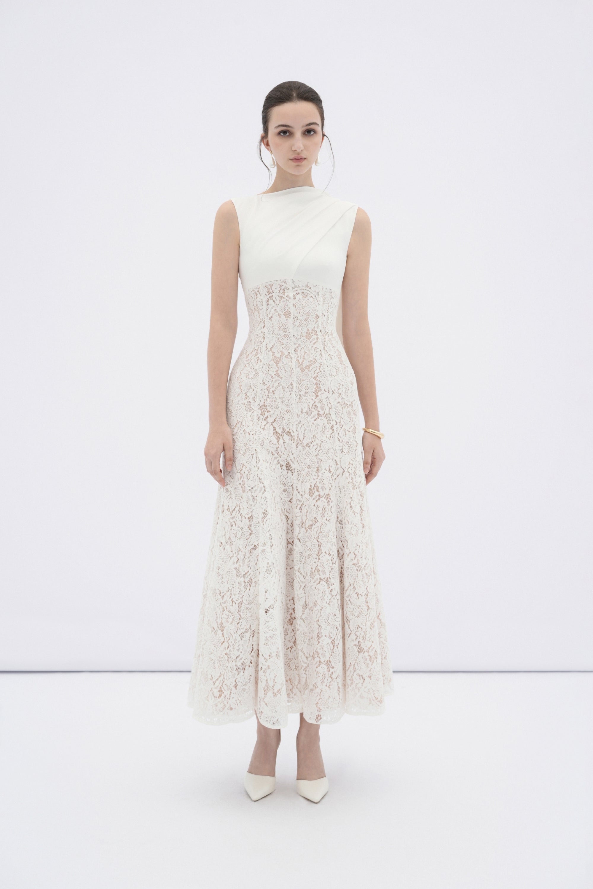 Velin Draped Lace Midi Dress