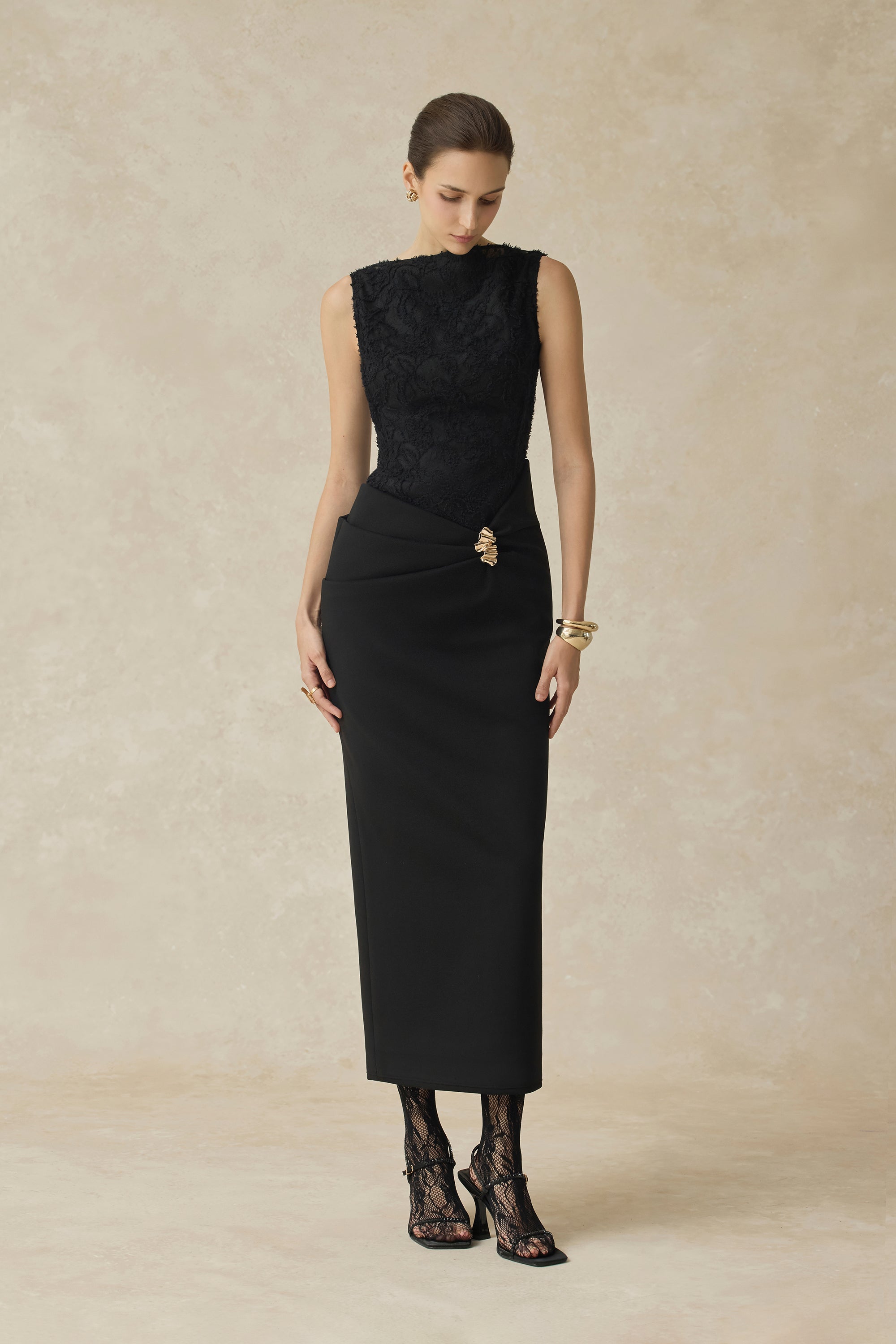 Serephira Draped Midi Dress With Lace