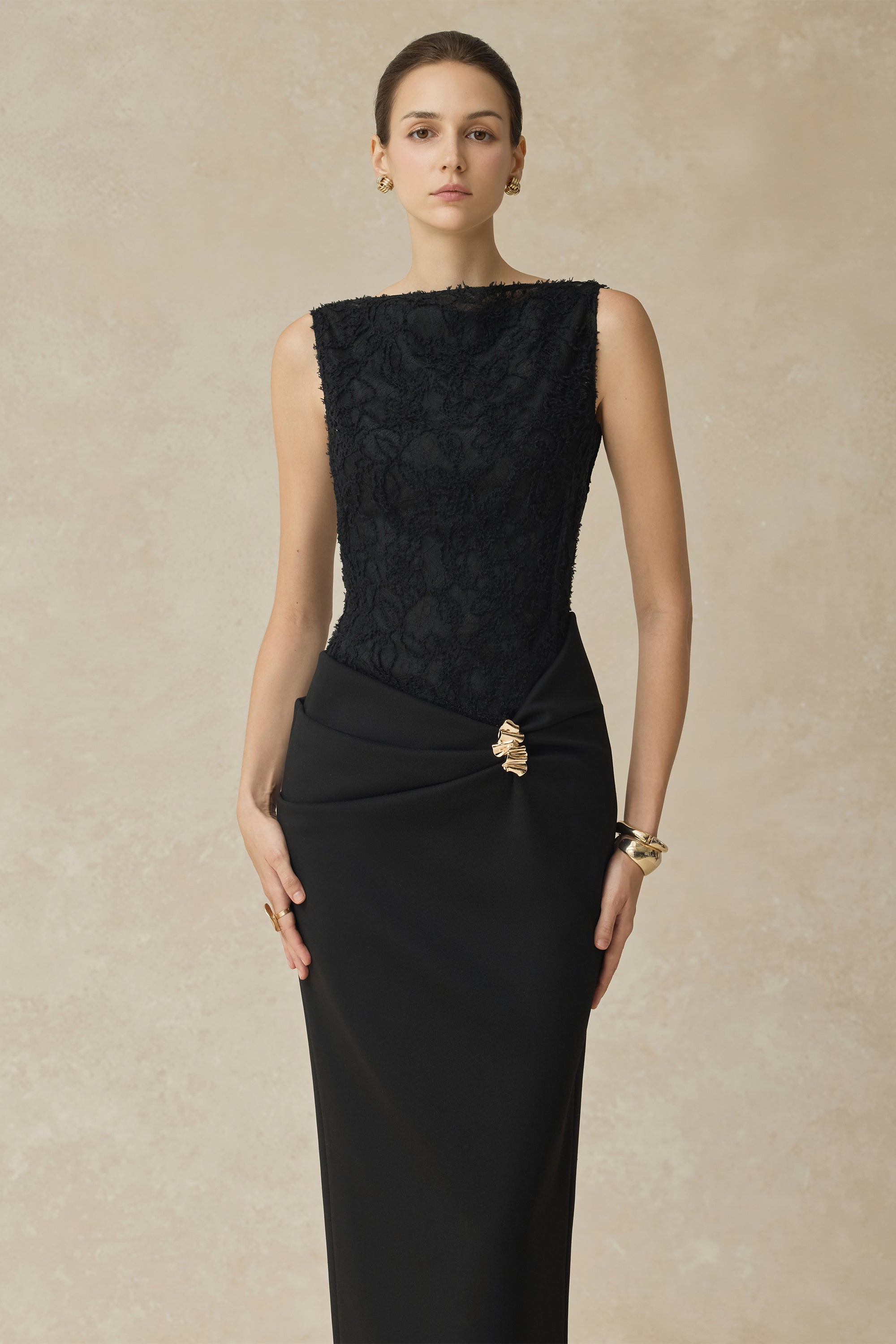 Serephira Draped Midi Dress With Lace