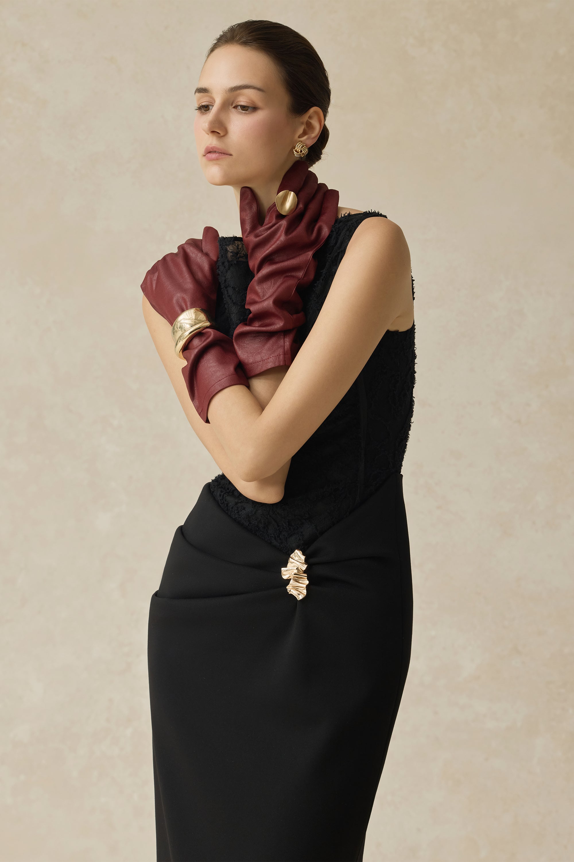 Serephira Draped Midi Dress With Lace