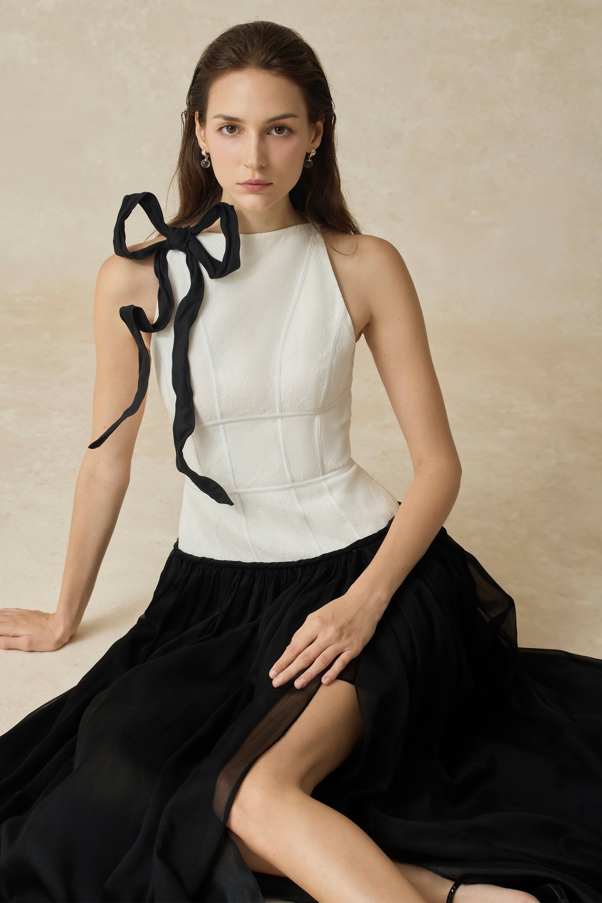 Lunaria Halter Neck Lace Dress With Bow
