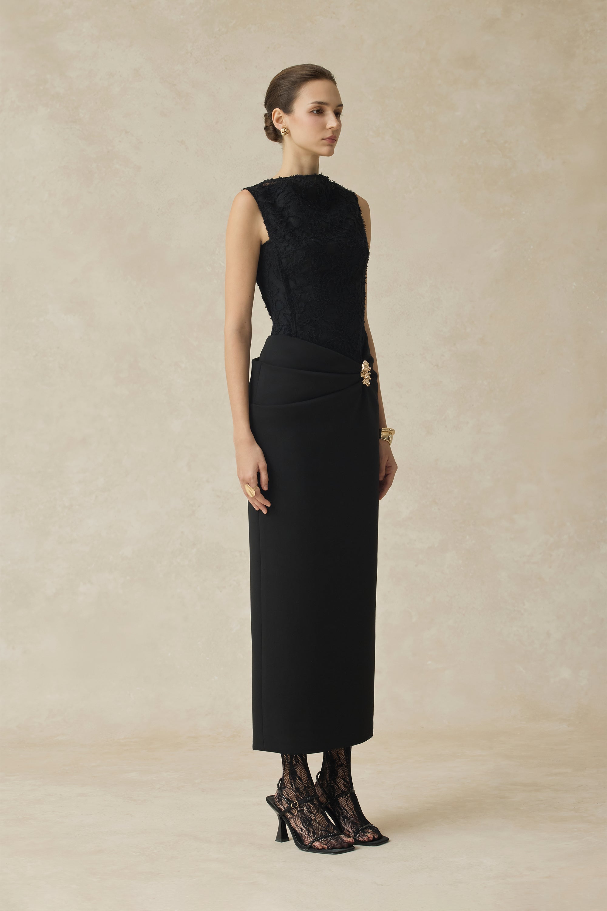 Serephira Draped Midi Dress With Lace