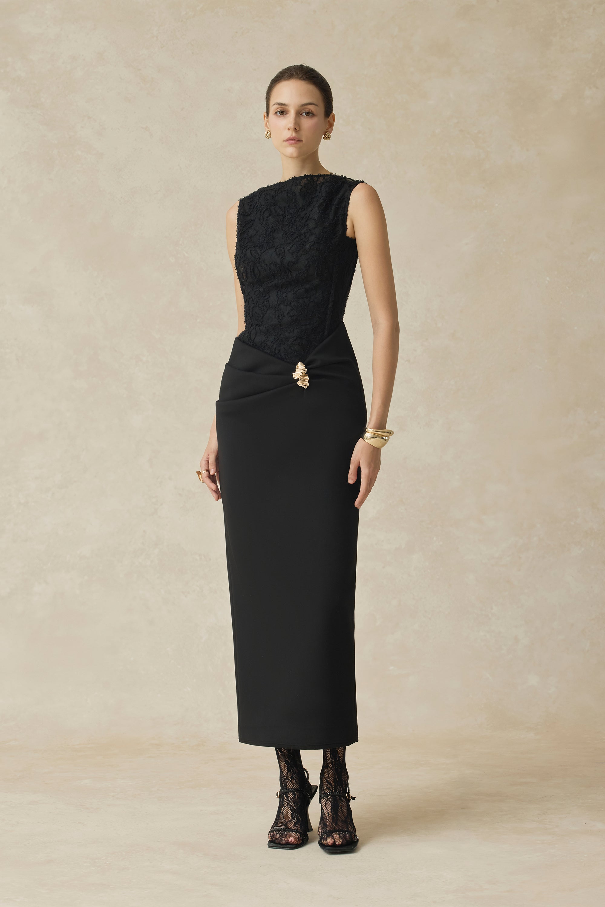 Serephira Draped Midi Dress With Lace