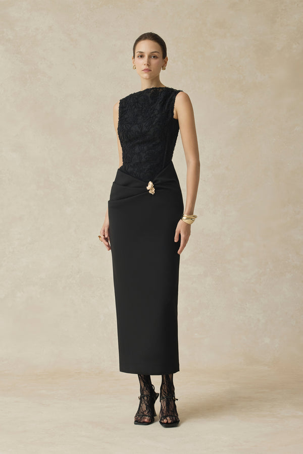 Serephira Draped Midi Dress With Lace