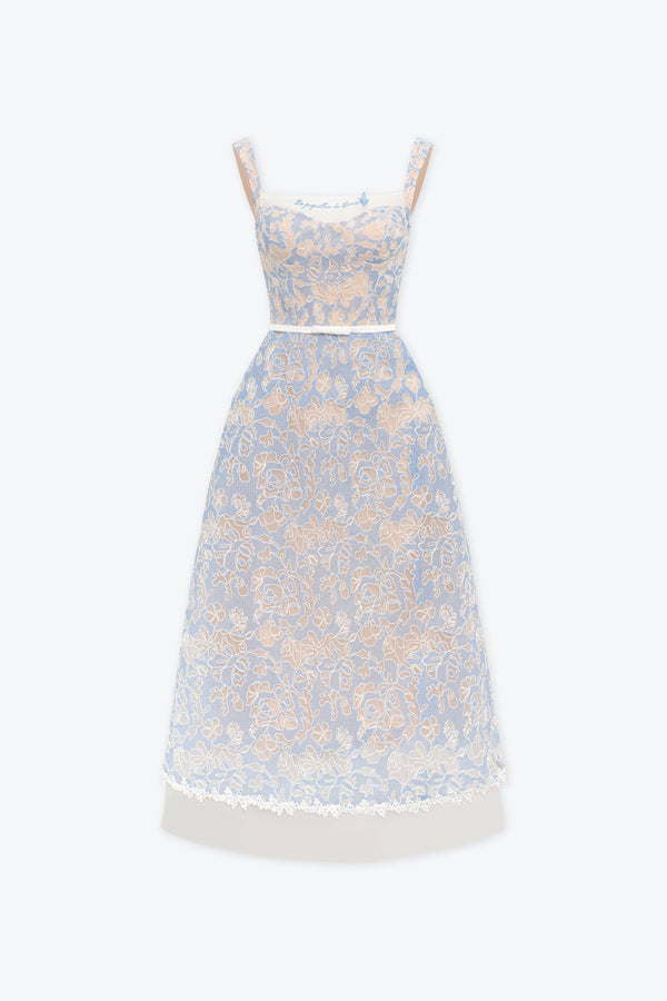 Xavia Embroidered Blue Lace Midi Dress