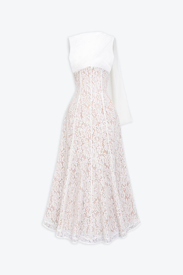 Velin Draped Lace Midi Dress